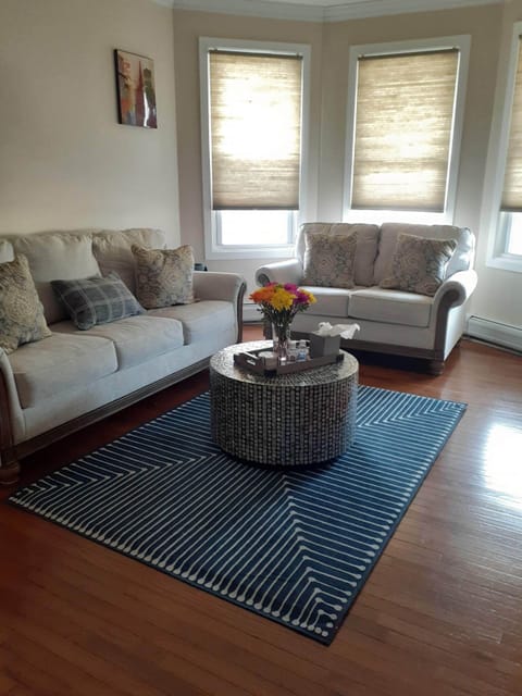Bright living room with 50-inch Smart TV.