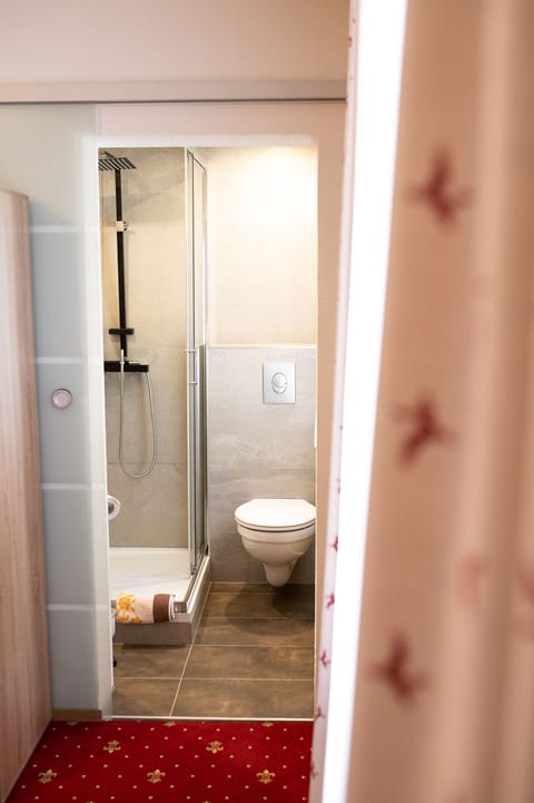 Shower, hair dryer, slippers, towels