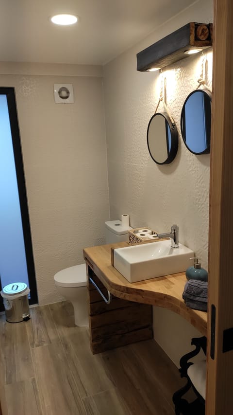 Shower, rainfall showerhead, hair dryer, soap