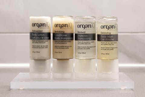 Eco-friendly toiletries, hair dryer, towels