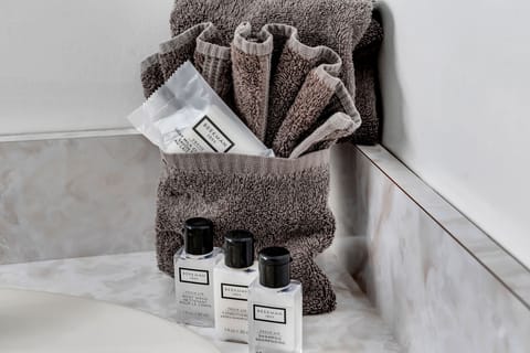Combined shower/tub, free toiletries, hair dryer, towels