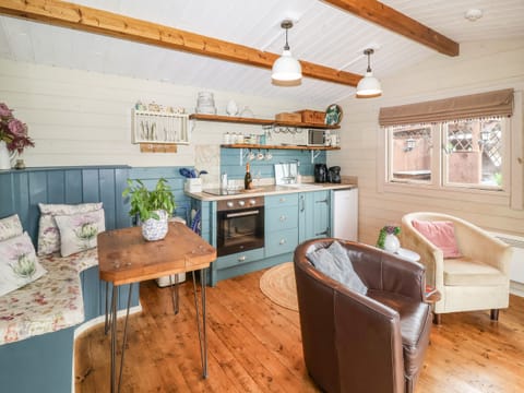 Fridge, microwave, electric kettle, toaster