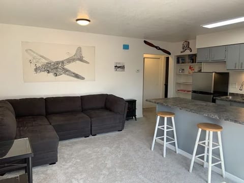 Living room with great sunlight, comfy sofa, space for the air mattress. 
