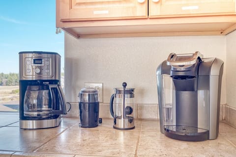 We have your breakfast routine covered. Coffee maker, Keurig, French Press, and Grinder!