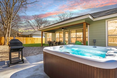 Backyard with private hot tub