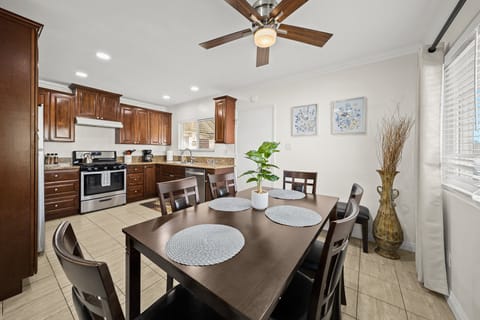 Large dining area easily fits everyone.