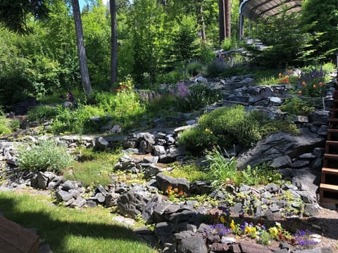 Terraced flower garden displays all kinds of flowers and succulents. 