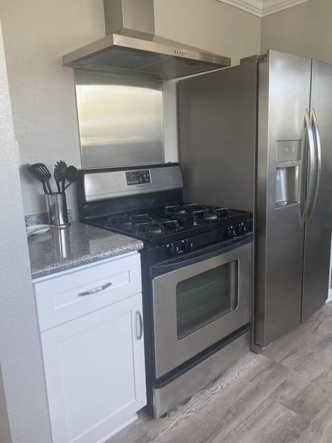 Gas stove and double fridge with ice/water in door
