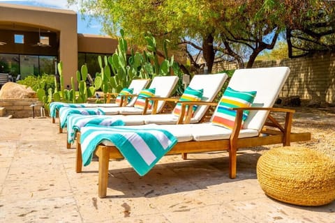 Outdoor lounge chairs with colorful striped pillows and towels set on a stone patio surrounded by desert plants.