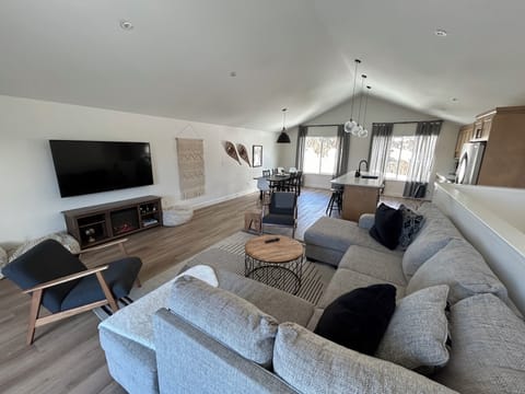 65" Smart TV, electric fireplace, comfy sofa