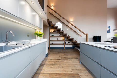 Luxuriously furnished self-catering apartment, modern kitchen complete with in-built appliances and hidden drawers. Each apartment has its own identical kitchen with everything you need.