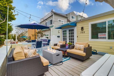 Deck with lit fire pit