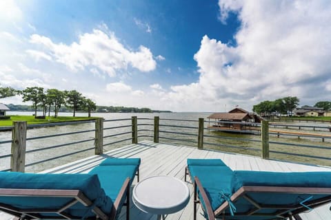 Relax on the party deck while looking at the tranquil water.