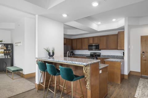 Premium Penthouse | Private kitchen | Full-size fridge, microwave, oven, stovetop