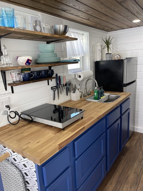 Kitchen with cook top and apartment size fridge.