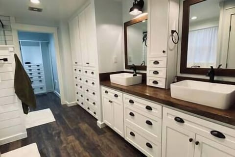 Primary bathroom, dual sink vanity, lots of storage for clothes, walk in closet