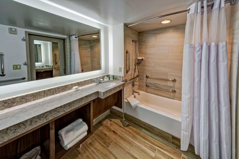 Combined shower/tub, eco-friendly toiletries, hair dryer, towels