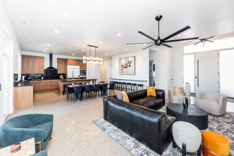 Main living area with family room, dining room and kitchen.