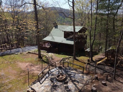 Cabin, Fire Pit Area and Play area.