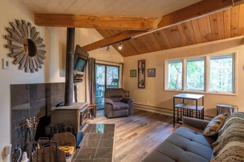 Living room with wood burning fireplace