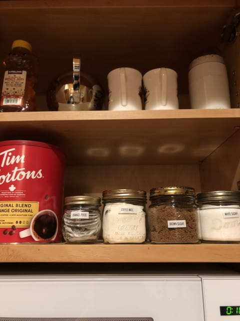 Coffee, tea, white and brown sugar, honey, coffee mate