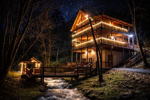 Enjoy the beautiful string lights on your 3 story cabin while you stay.