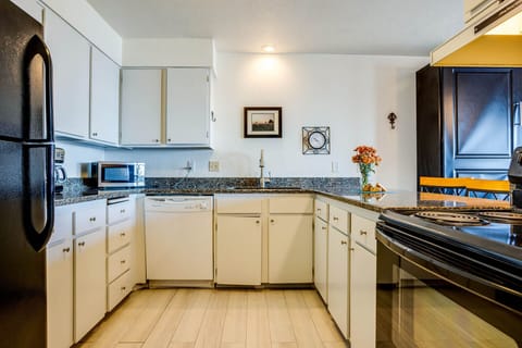 Modern and well stocked kitchen.