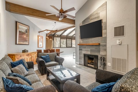 Cozy Living room with Vaulted Ceilings + Fireplace