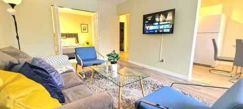 Trendy while extremely comfortable living room with TV. Netflix, Prime Video