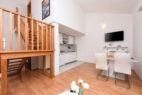 kitchen, dining area, living room