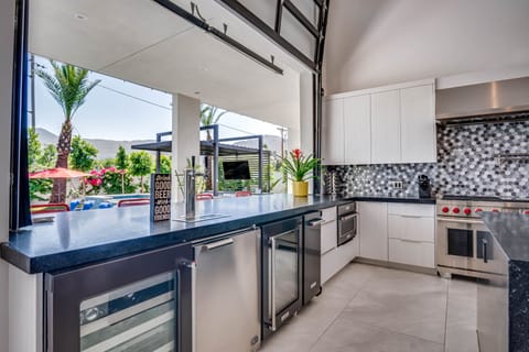 wine fridge, dual DCS beer tap, chilled glasses in mini fridge, ice maker