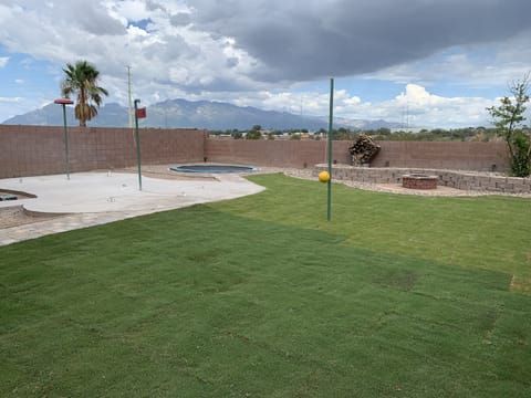 Splash pad, trampoline, fire pit, tetherball