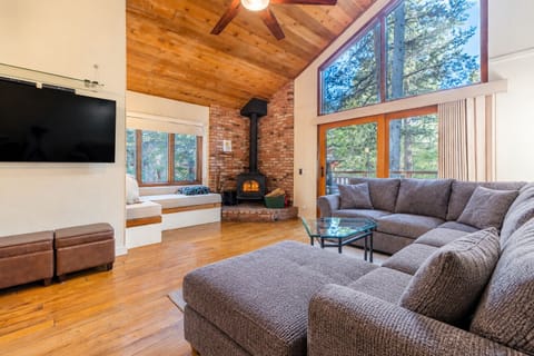 Cathedral ceiling, cozy fire, gathering space. Pull out couch and day bed.