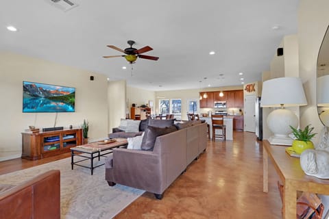 View from the entry door of the main  house which opens into the living room.  The kitchen is beyond the living room.