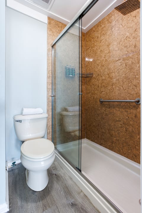 Shower, rainfall showerhead, eco-friendly toiletries, hair dryer