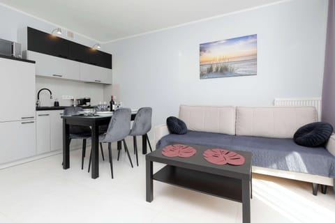 Bright living room with sofa bed, TV and natural light streaming in through the windows.