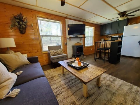 Living room view into kitchen.