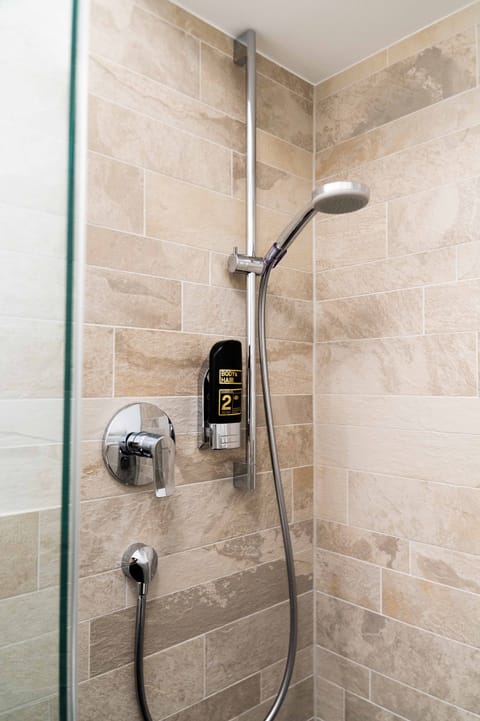 Shower, rainfall showerhead, hair dryer, slippers