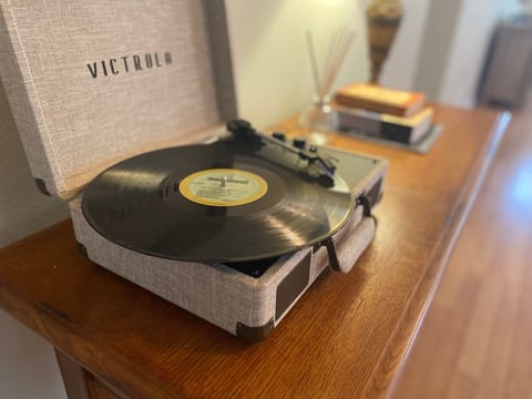 record player with a few old records there