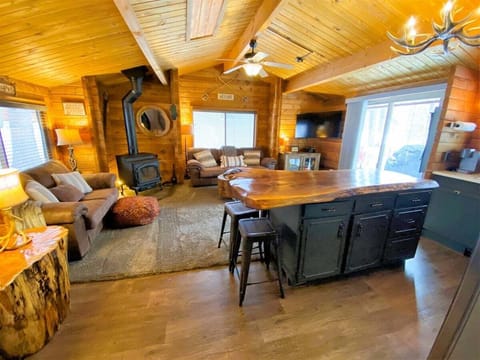 Living area with wood burning stove, Sat/Smart TV,
