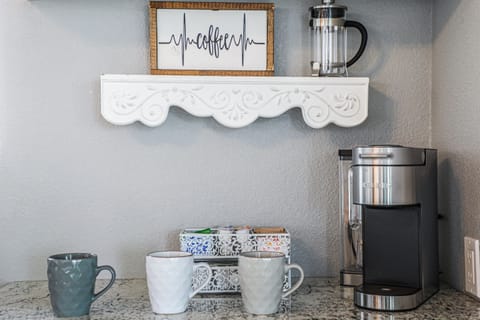 Our coffee bar is stocked with single serve coffee packets, k-pods, tea and accompanying condiments.