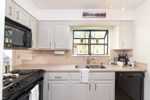 Stocked kitchen with dishwasher, stove, fridge