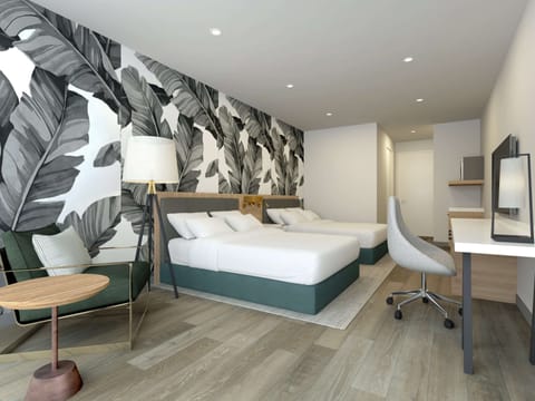 Room, 2 Queen Beds, Balcony, Pool View | Desk, laptop workspace, iron/ironing board, bed sheets