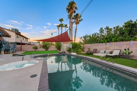 Shaded Pebble tec pool, patio, BBQ, Putting green, pool basketball, and games