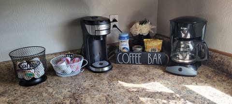 Drip and k-cup coffee machines (coffee, tea and creamer provided)