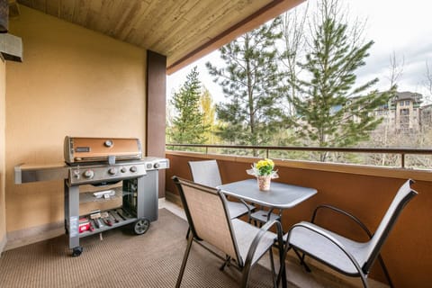 Covered deck is a perfect place to relax near the base of the ski mountain