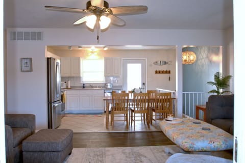 The kitchen is well supplied and features new stainless steel appliances.