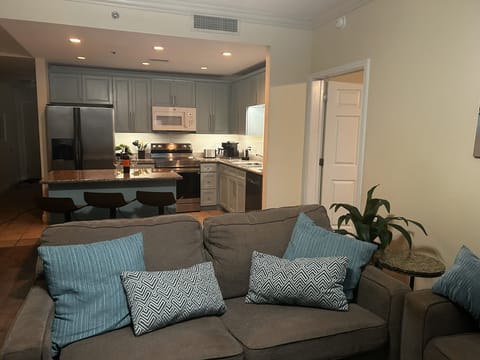 View from the living room to the spacious kitchen