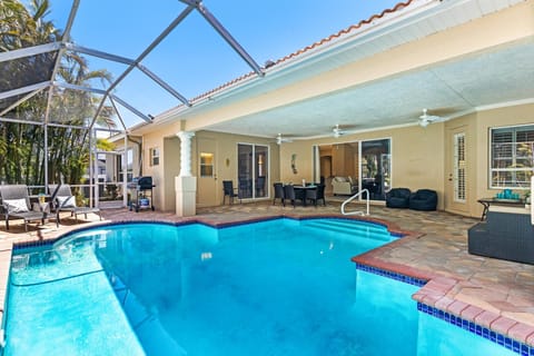 The unique shape of the saltwater electric heated pool makes for plenty of room in the pool!