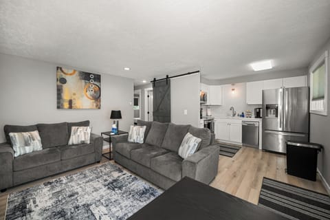 Bright open living space with comfy seating and a modern kitchen